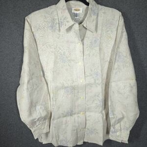 Vintage Talbots Button Down Shirt 100% Linen Long Sleeve Floral Natural Size 10‎